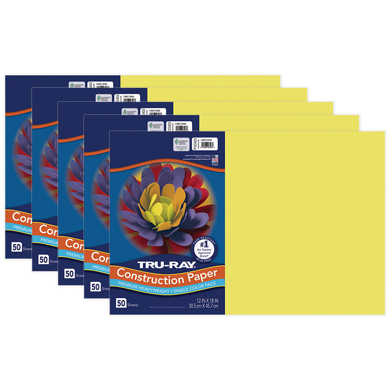 Construction Paper, Lively Lemon, 12'' x 18'', 50 Sheets Per Pack, 5 Packs - PAC103403-5
