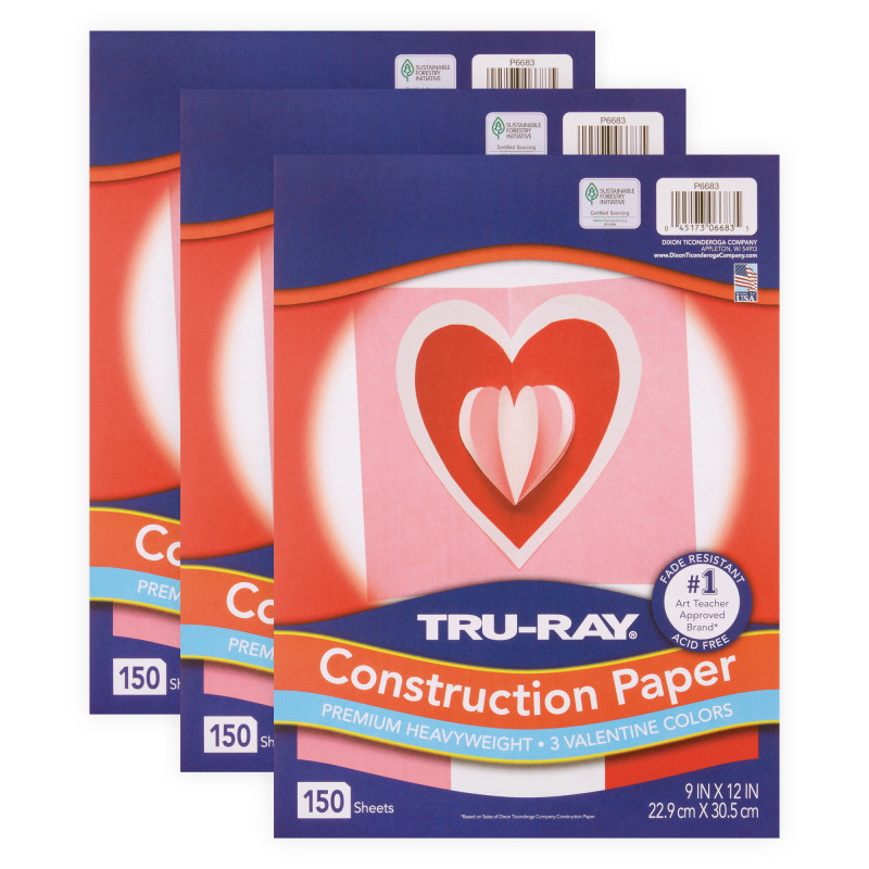 Construction Paper Valentine Assortment, 9'' x 12'', 150 Sheets Per Pack, 3 Packs - PAC6683-3