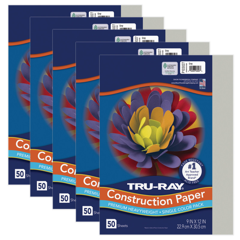 Construction Paper, Gray, 9'' x 12'', 50 Sheets Per Pack, 5 Packs - PAC103027-5