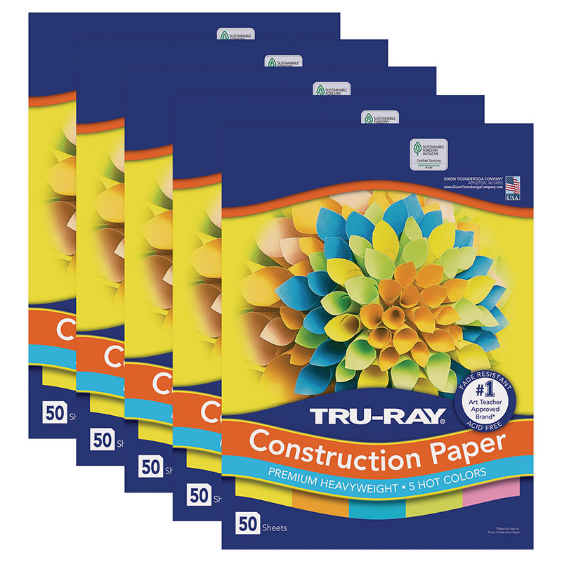Construction Paper, 5 Assorted Hot Colors, 12'' x 18'', 50 Sheets Per Pack, 5 Packs - PAC6597-5