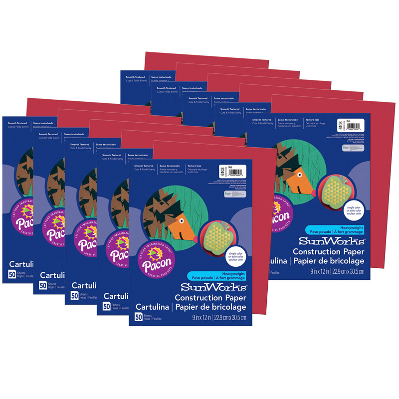 Construction Paper, Red, 9'' x 12'', 50 Sheets Per Pack, 10 Packs - PAC6103-10