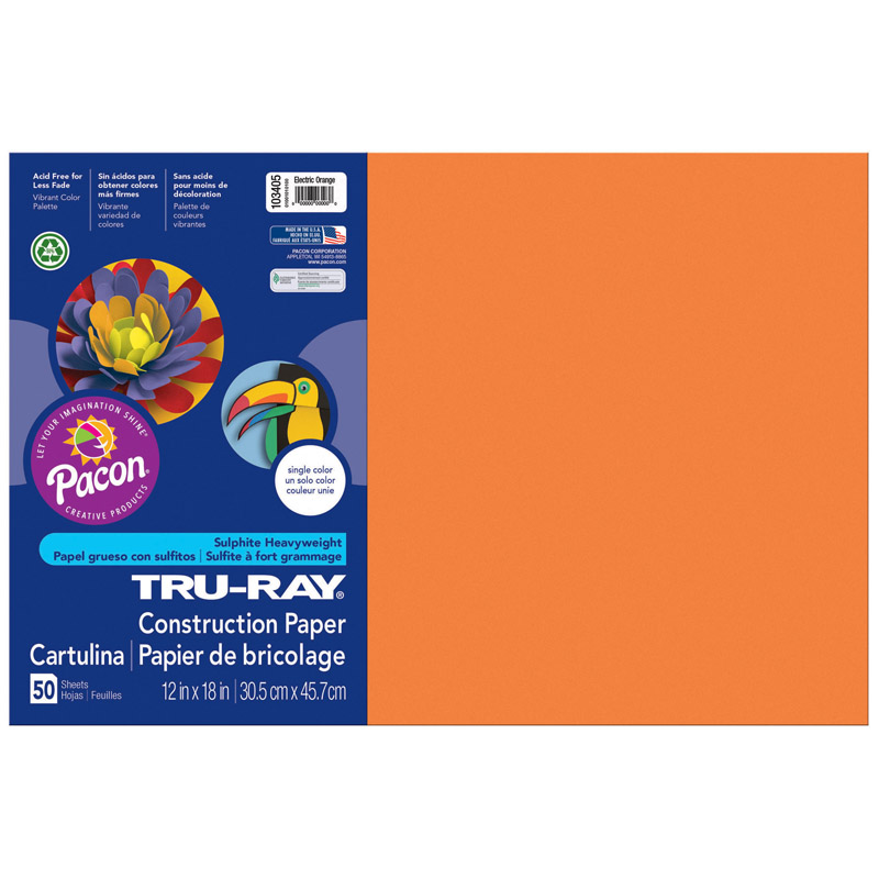 Construction Paper, Electric Orange, 12'' x 18'', 50 Sheets - PAC103405