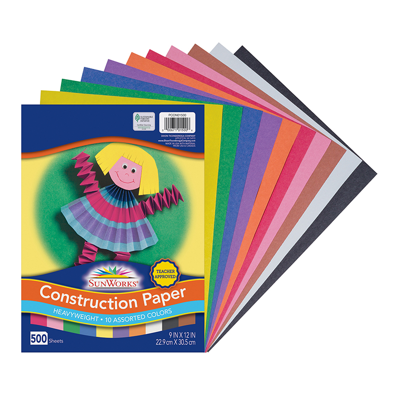 Construction Paper, 10 Assorted Colors, 9'' x 12'', 500 Sheets - PACCON01500