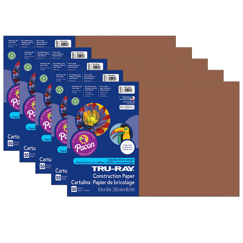 Construction Paper, Warm Brown, 12'' x 18'', 50 Sheets Per Pack, 5 Packs - PAC103057-5