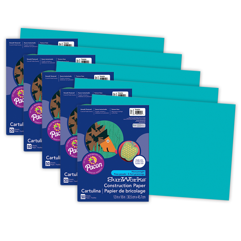 Construction Paper, Turquoise, 12'' x 18'', 50 Sheets Per Pack, 5 Packs - PAC7707-5