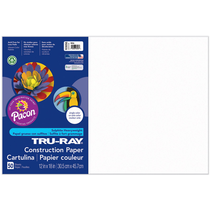 Construction Paper, White, 12'' x 18'', 50 Sheets - PAC103058
