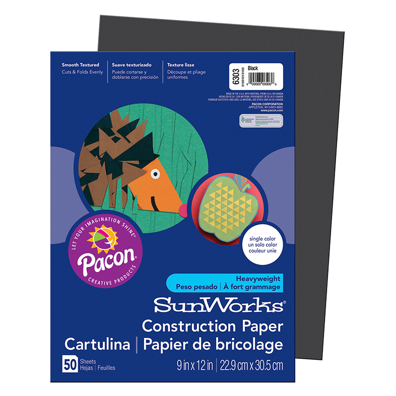 Construction Paper, Black, 9'' x 12'', 50 Sheets - PAC6303
