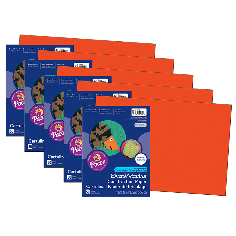 Construction Paper, Orange, 12'' x 18'', 50 Sheets Per Pack, 5 Packs - PAC6607-5