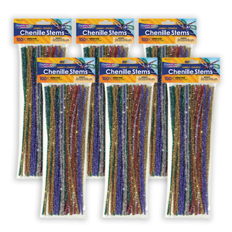 Jumbo Sparkle Stems, Assorted Colors, 12'' x 6 mm, 100 Per Pack, 6 Packs