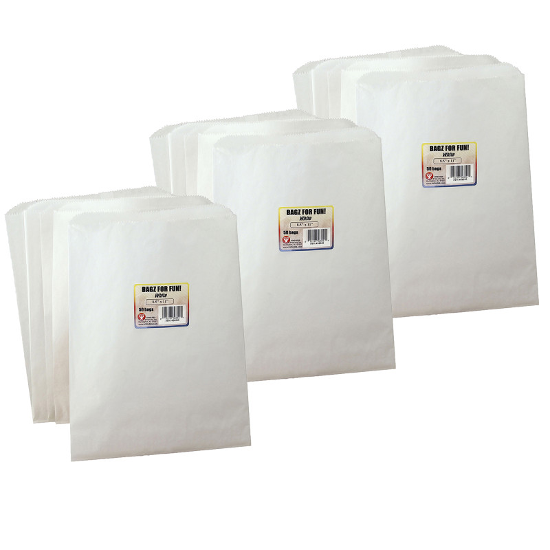 Pinch Bottom Paper Bags, 8.5'' x 11'', White, 50 Per Pack, 3 Packs