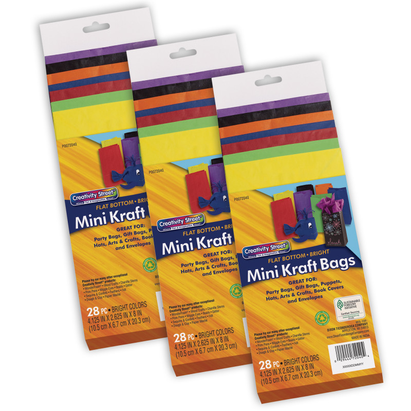 Mini Kraft Bag, Assorted Bright Colors, 4-1/8'' x 2-5/8'' x 8'', 28 Per Pack, 3 Packs
