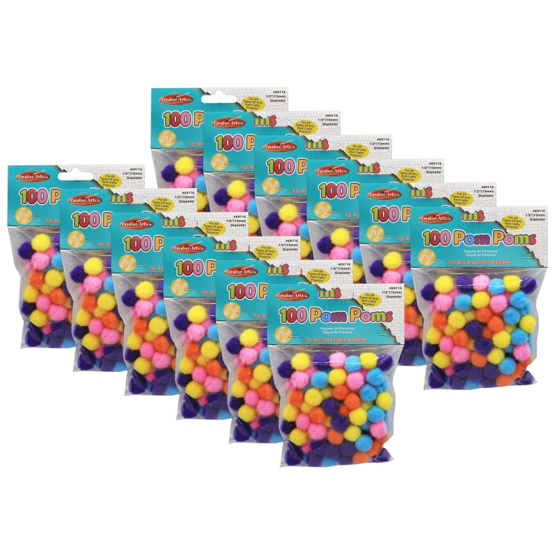 Pom-Poms, 1/2'', Hot Colors, 100 Per Pack, 12 Packs