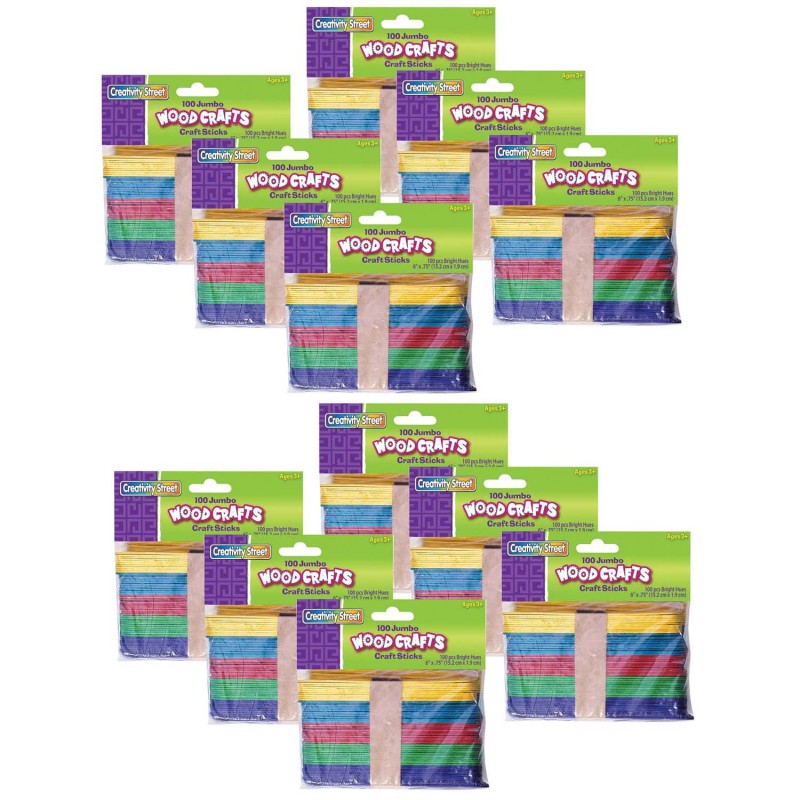 Jumbo Craft Sticks, Bright Hues Assorted, 6'' x .75'', 100 Per Pack, 12 Packs