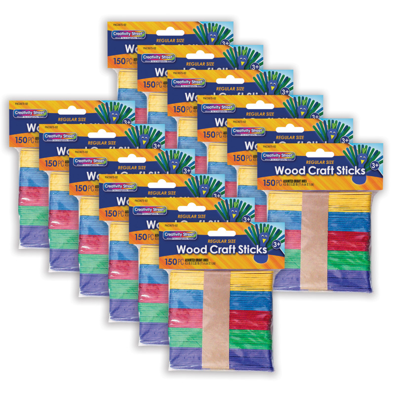 Regular Craft Sticks, Bright Hues Assorted, 4 1/2'' x 3/8'' x 2mm, 150 Per Pack, 12 Packs