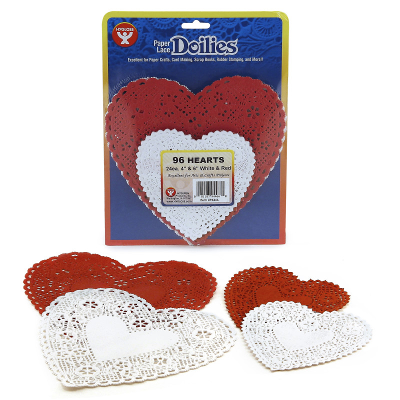Doilies, White & Red Hearts, 4'' & 6'', Pack of 96