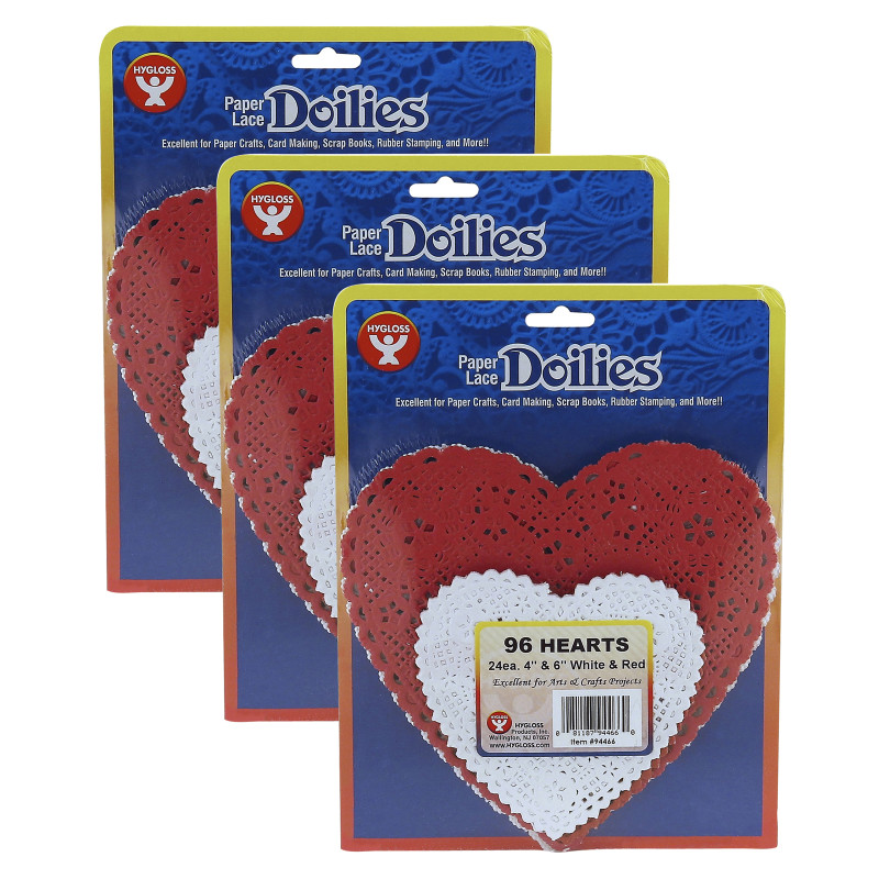 Doilies, White & Red Hearts, 4'' & 6'', 96 Per Pack, 3 Packs