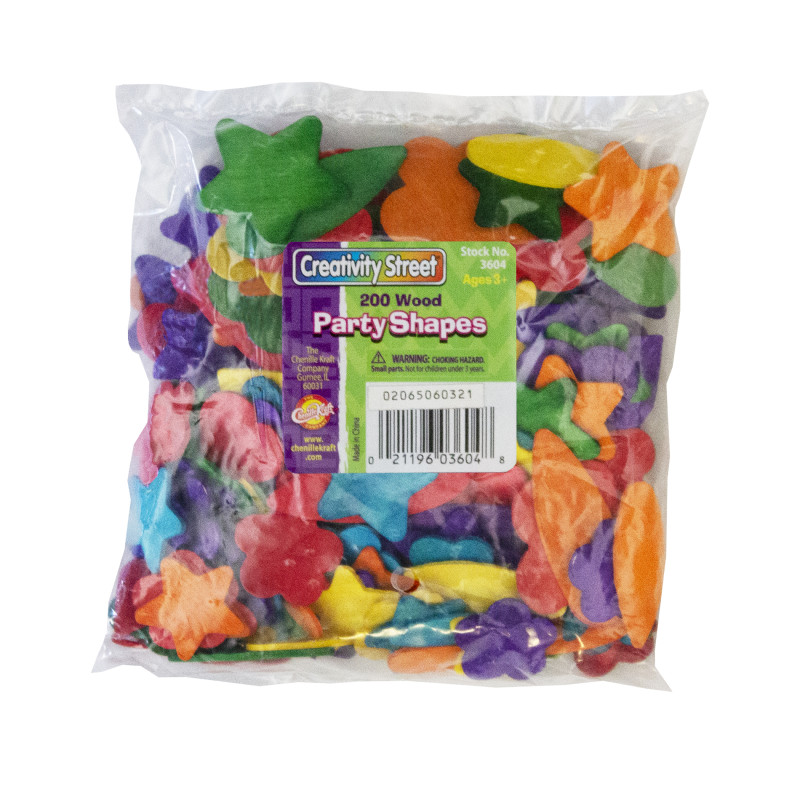 Wood Party Shapes, Assorted Colors, 1/2'' to 2'', 200 Pieces