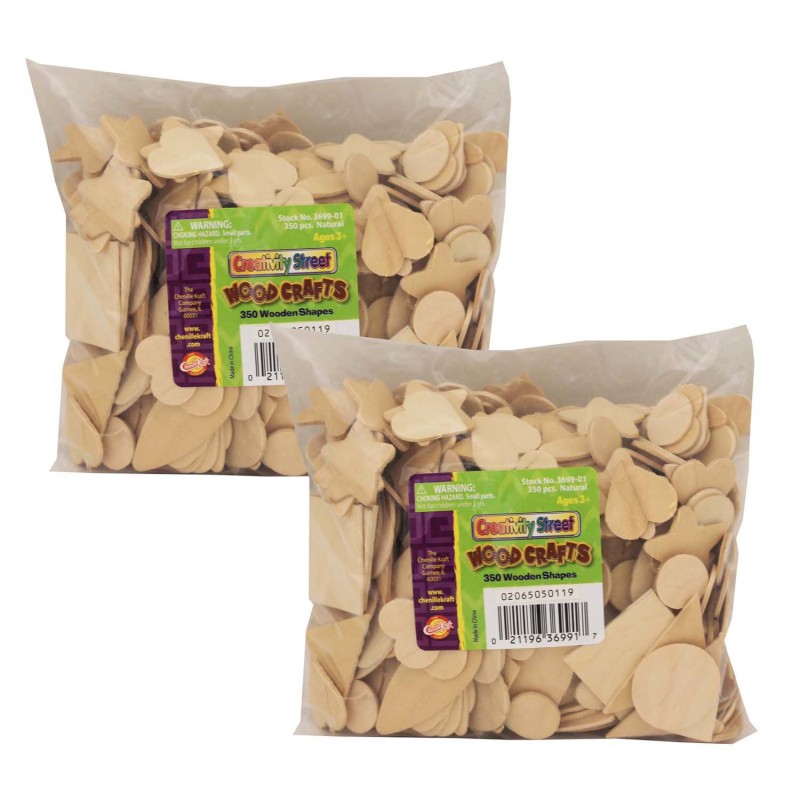 Wood Shapes, Natural Colored, Assorted Shapes, 1/2'' to 2'', 350 Per Pack, 2 Packs