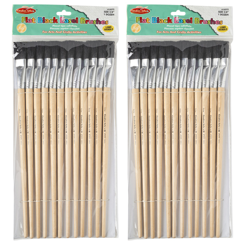 Creative Arts Flat Easel Brushes, 3/4'' Bristle, Black, 12 Per Pack, 2 Packs