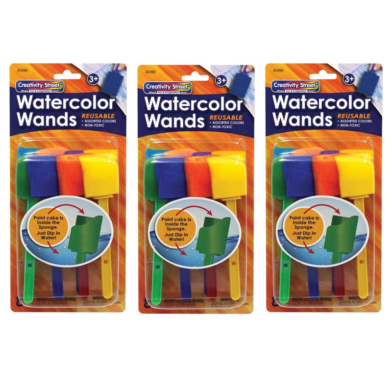 Watercolor Wands with Paint, 8 Assorted Colors, 1-3/8'' x 5-1/2'', 8 Per Pack, 3 Packs