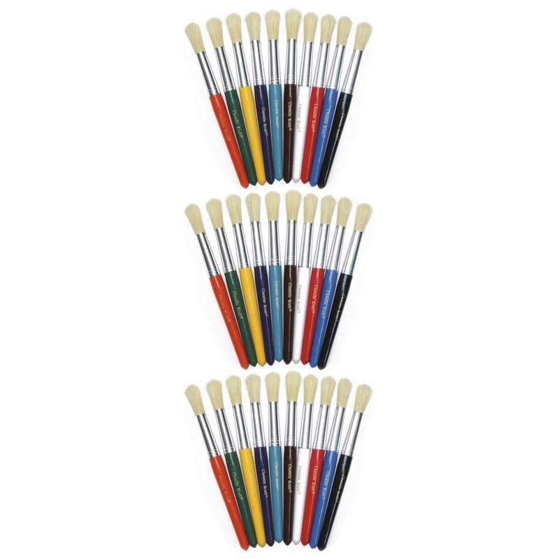 Beginner Paint Brushes, Round Stubby Brushes, 10 Assorted Colors, .5'' Long, 10 Per Pack, 3 Packs