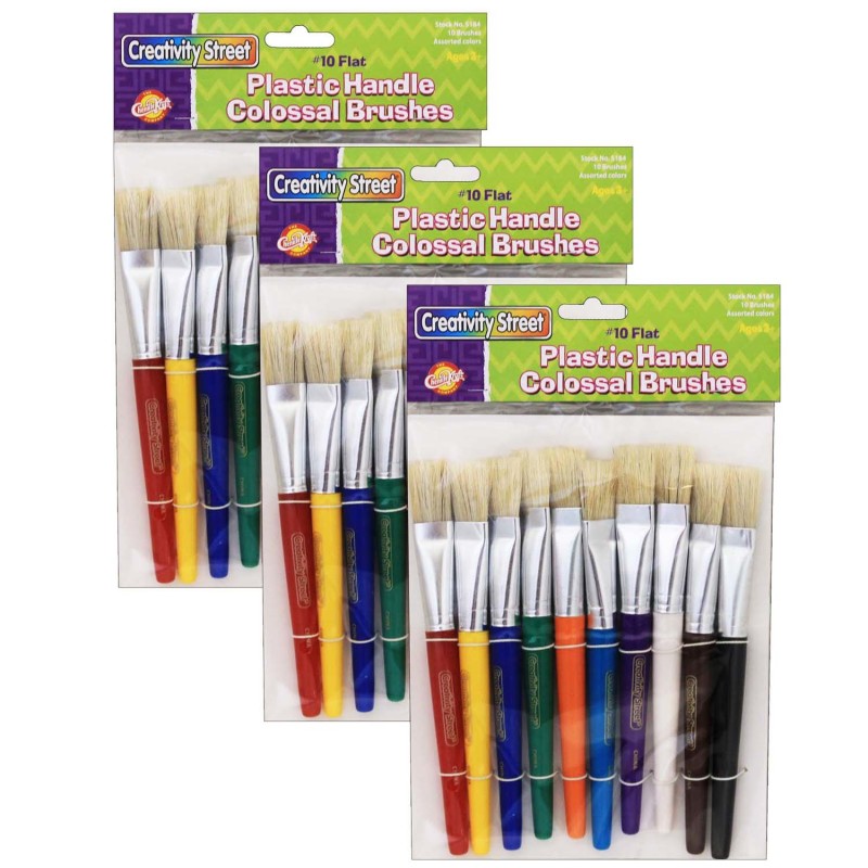 Beginner Paint Brushes, Flat Stubby Brushes, 10 Assorted Colors, .5'' Long, 10 Per Pack, 3 Packs