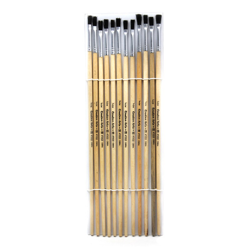 Flat Tip Easel Paint Brushes with Long Handle, .25 Inch, Natural Handles and Black Bristles, 12/Pack