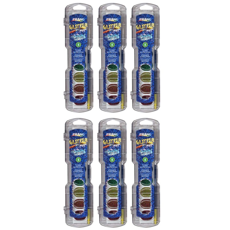 Washable Watercolors Set, 8 Assorted Glitter Colors w/Brush, Pack of 6