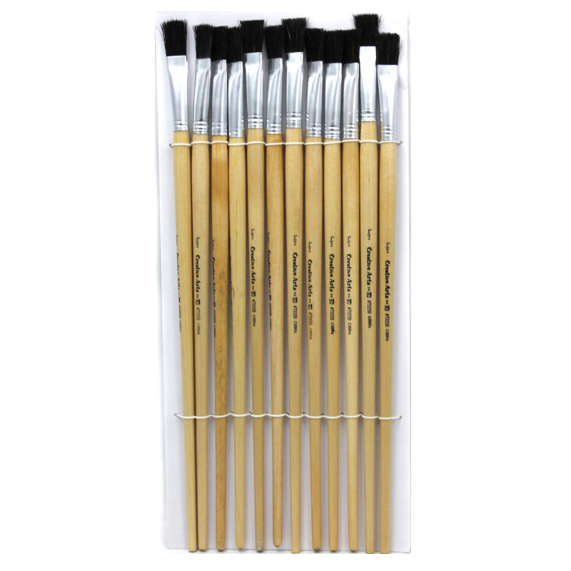 Flat Tip Easel Paint Brushes with Long Handle, 1/2'', Natural Handles & Black Bristles, Pack of 12