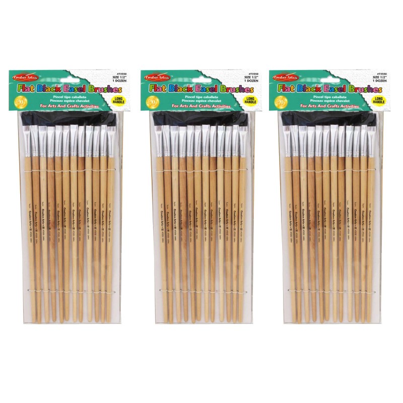 Flat Easel Brushes, .5'', Bristle, 12 Per Pack, 3 Packs