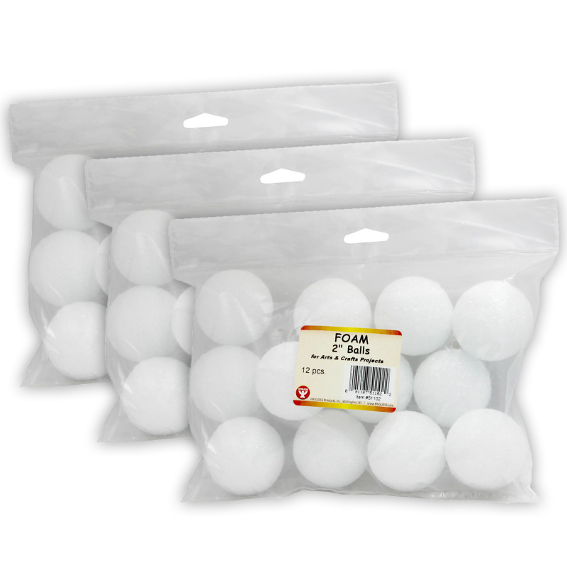 Craft Foam Balls, 2 Inch, White, 12 Per Pack, 3 Packs