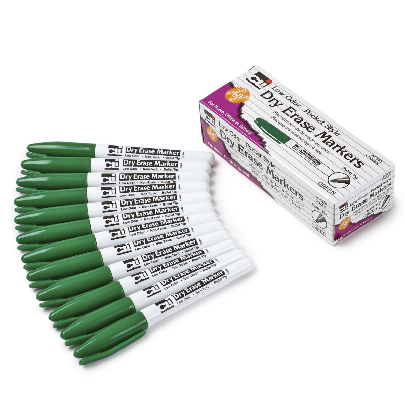 Dry Erase Markers, Pocket Style, Green, Bullet Tip, Pack of 12