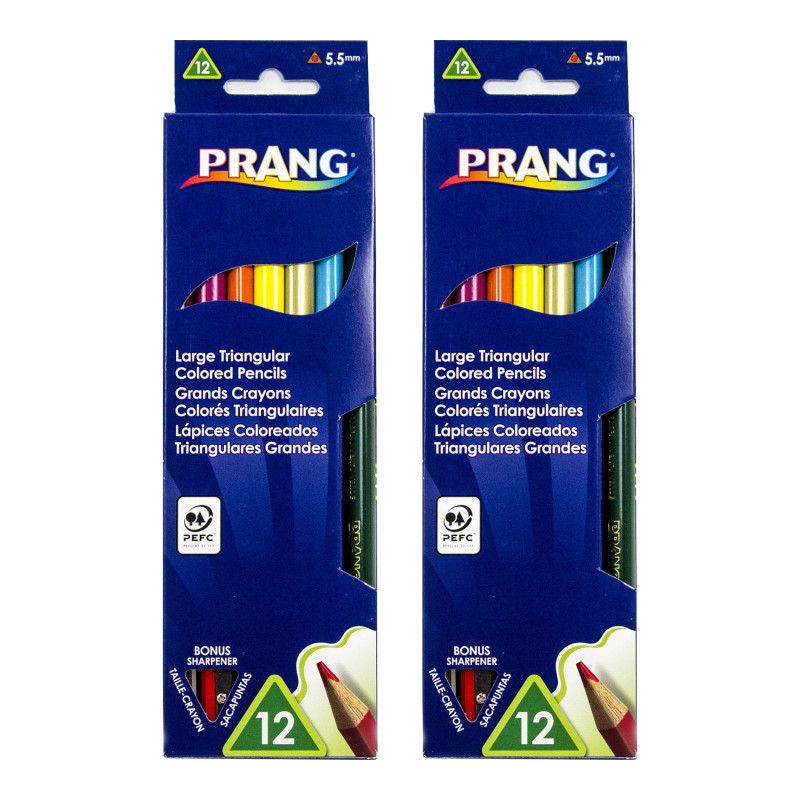 Triangular Colored Pencils, .5 mm core, With Sharpener, Assorted Colors, 12 Per Pack, 2 Packs