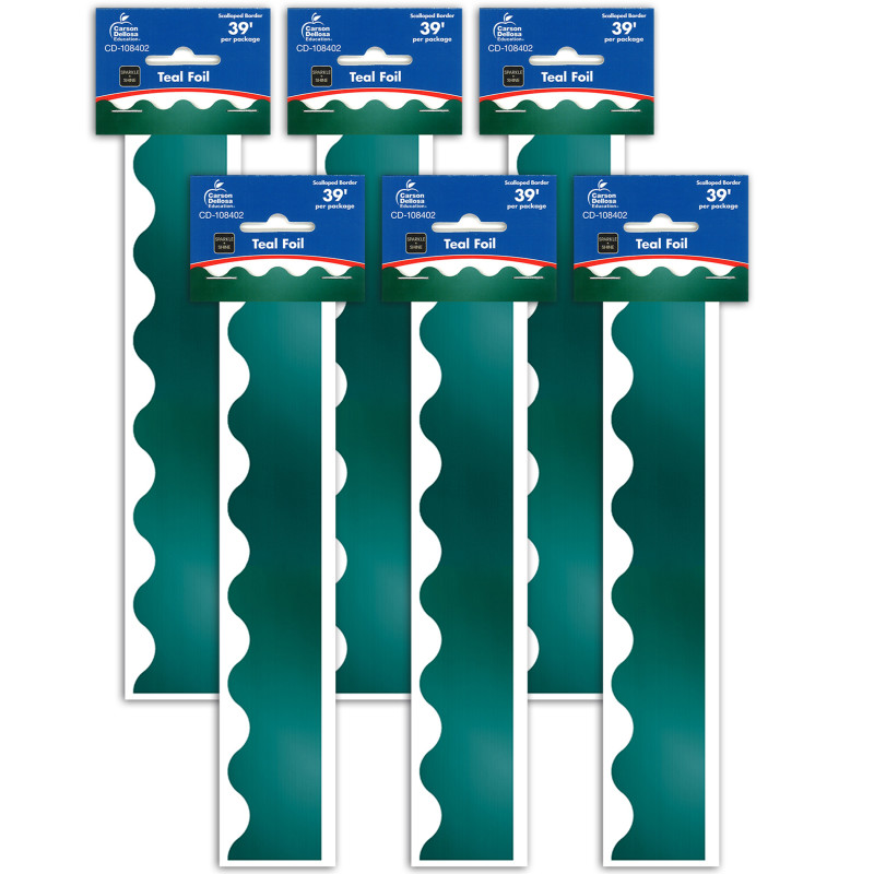 Sparkle + Shine Teal Foil Scalloped Border, 39 Feet Per Pack, 6 Packs