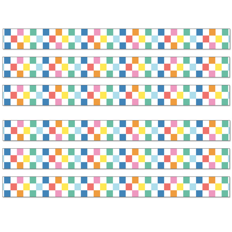 We Stick Together Checkered Rainbow Straight Bulletin Board Borders, 36 Feet Per Pack, 6 Packs