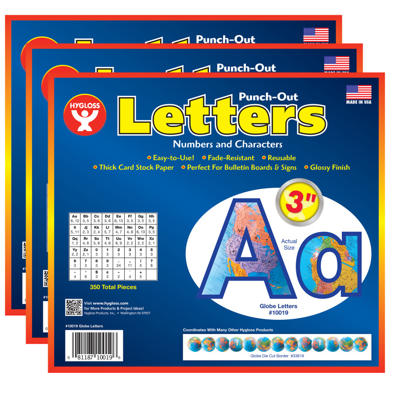 3'' Punch-Out Letters, Globes, 350 Characters Per Pack, 3 Packs