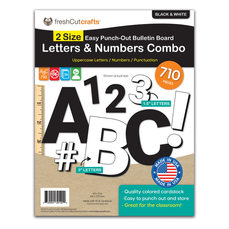 Bulletin Board Letters & Numbers, Black & White, .5in & 3in, 710 Pieces
