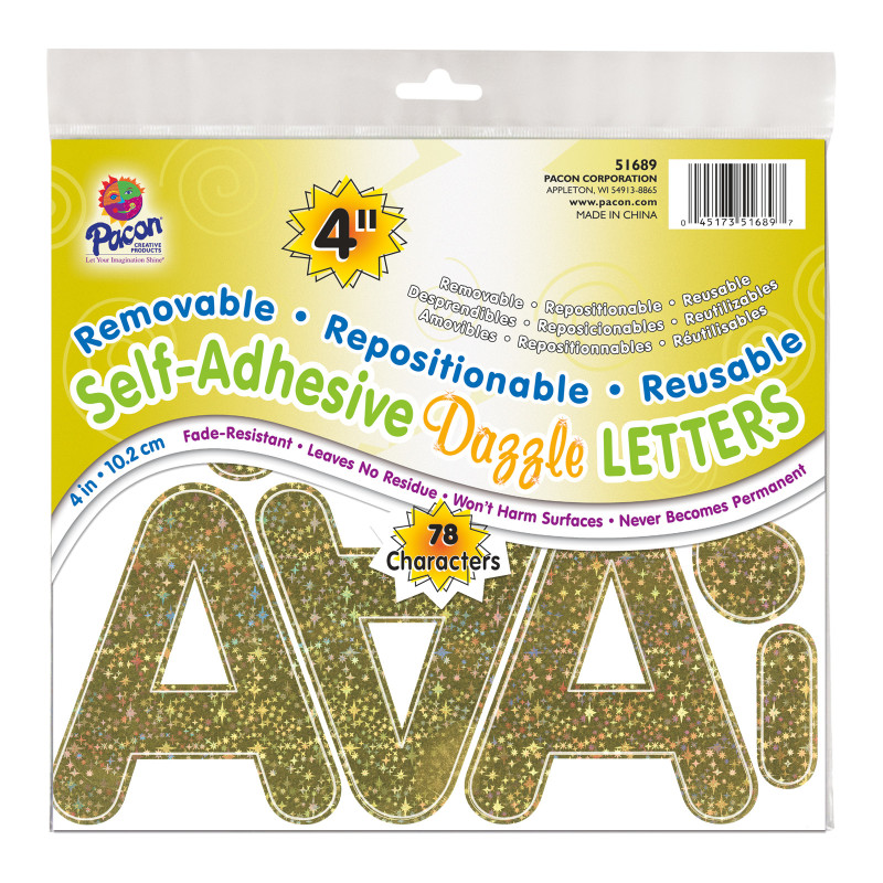 Self-Adhesive Letters, Gold Dazzle, Puffy Font, 4'', 78 Characters