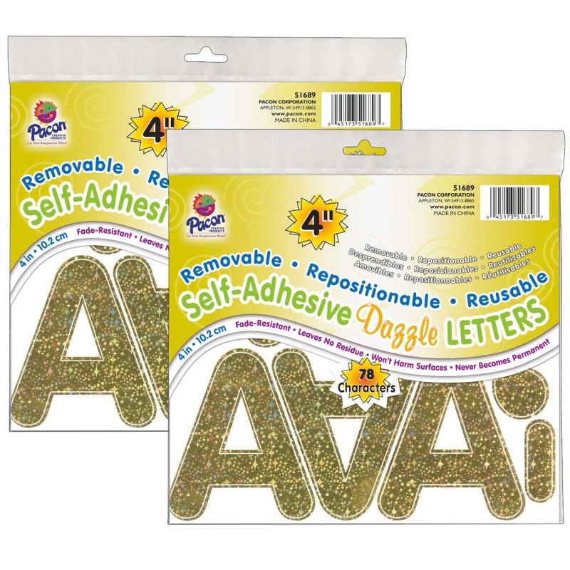 Self-Adhesive Letters, Gold Dazzle, Puffy Font, 4'', 78 Per Pack, 2 Packs