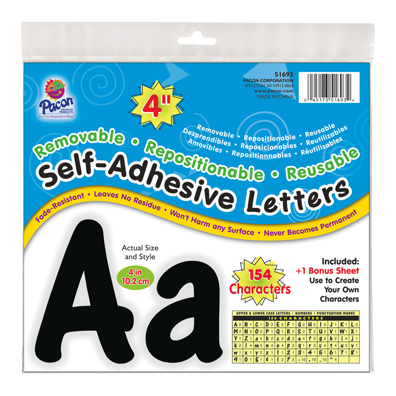 Self-Adhesive Letters, Black, Cheery Font, 4'', 154 Characters
