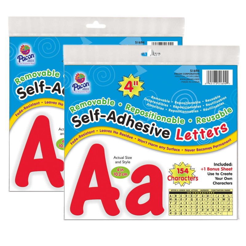Self-Adhesive Letters, Red, Cheery Font, 4'', 154 Per Pack, 2 Packs