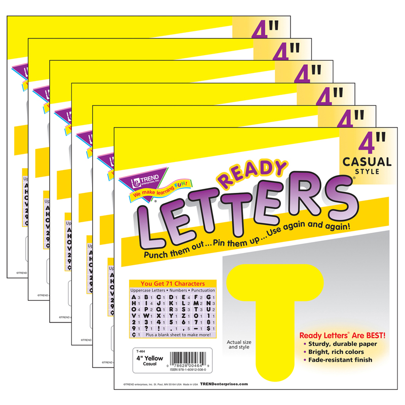 Yellow 4'' Casual Uppercase Ready Letters, 6 Packs