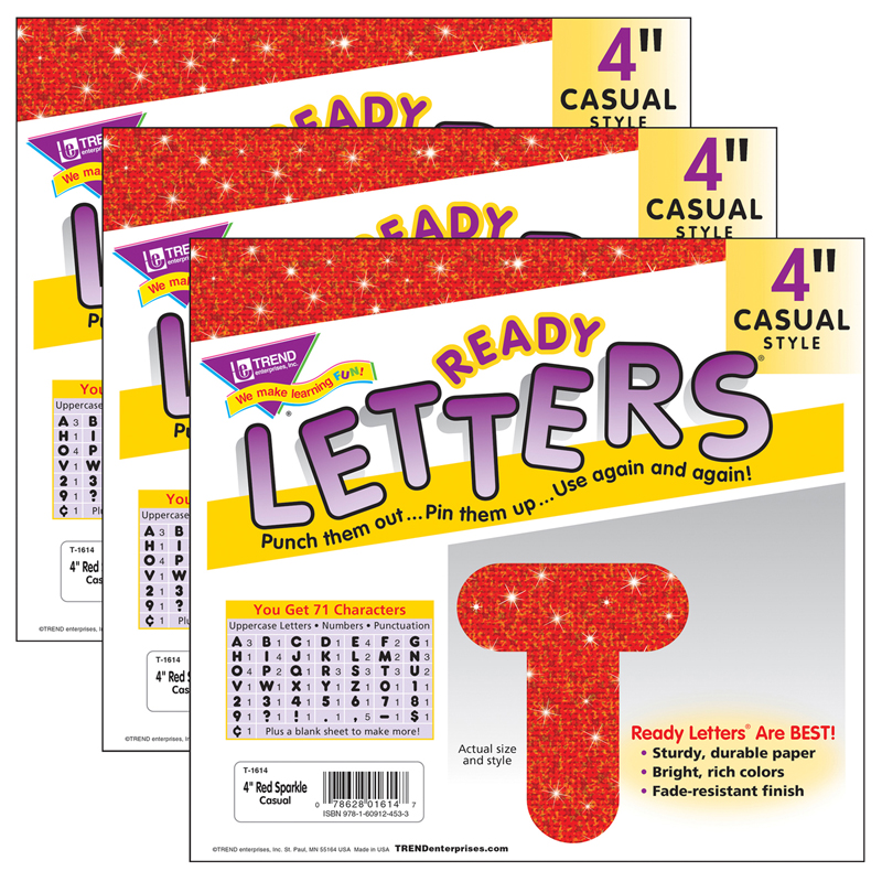Red Sparkle 4'' Casual Uppercase Ready Letters, 3 Packs