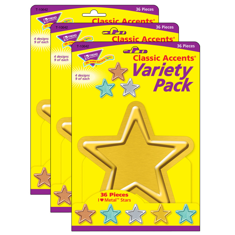 I &hearts; Metal Stars Classic Accents Variety Pack, 36 Per Pack, 3 Packs