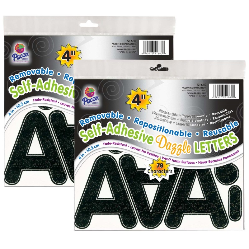 Self-Adhesive Letters, Black Dazzle, Puffy Font, 4'', 78 Per Pack, 2 Packs