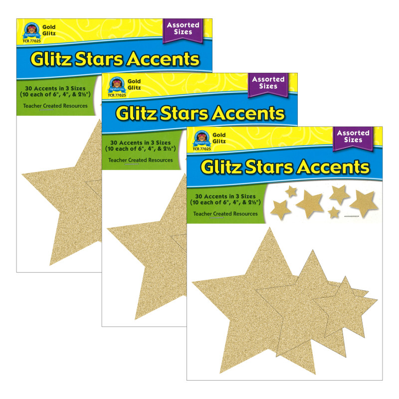 Gold Glitz Stars Accents, Assorted Sizes, 30 Per Pack, 3 Packs
