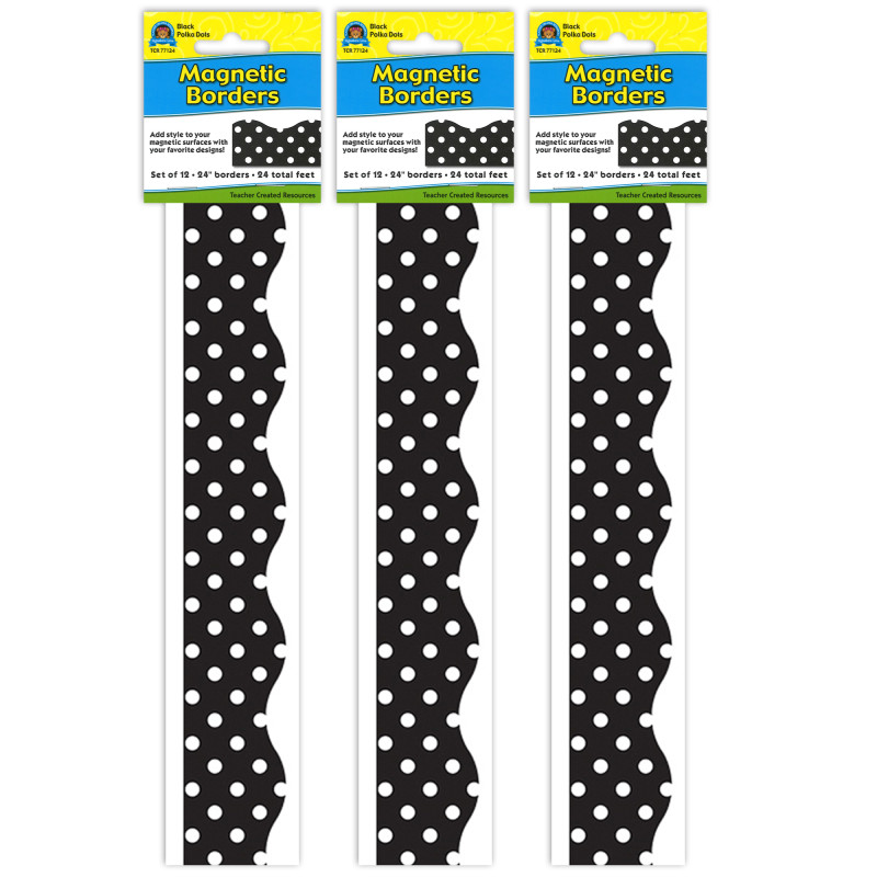 Magnetic Borders, Black Polka Dots, 24 Feet Per Pack, 3 Packs