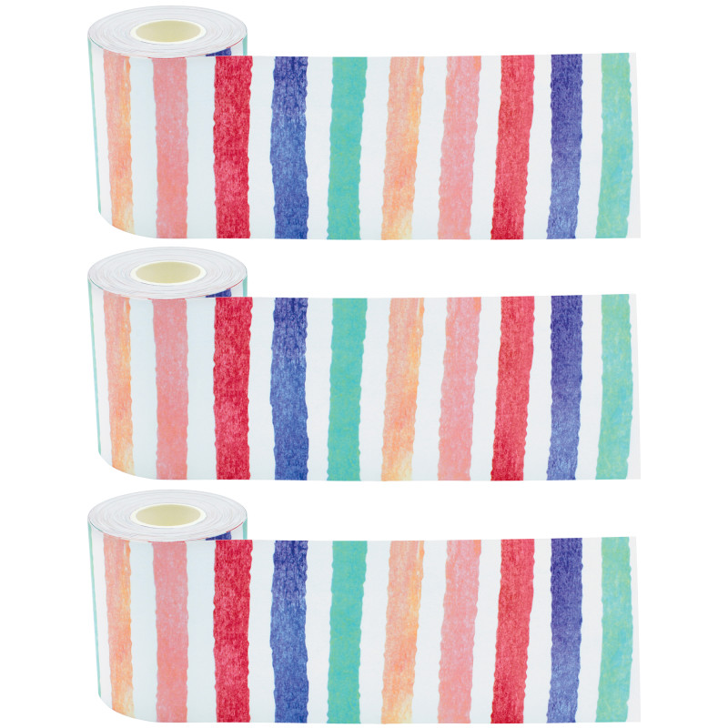 Watercolor Stripes Straight Rolled Border Trim, 50 Feet Per Roll, Pack of 3