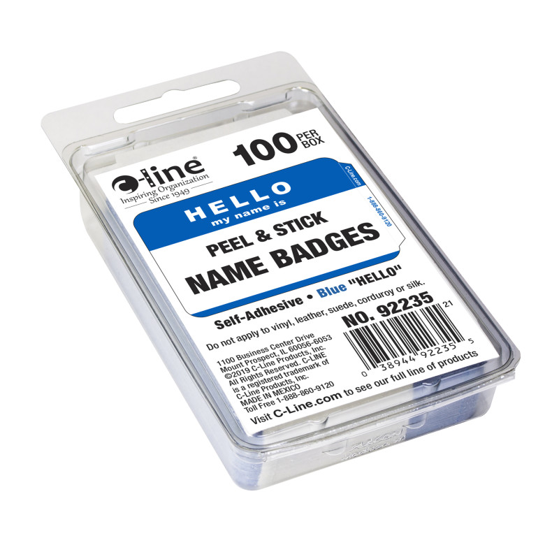 Pressure Sensitive Badges, Hello my name is, Blue, 3-1/2'' x 2-1/4'', Box of 100