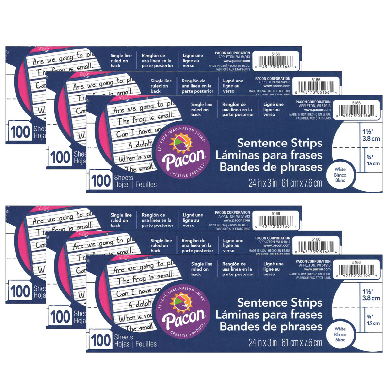 Sentence Strips, White, 1-1/2'' Ruled, 3'' x 24'', 100 Strips Per Pack, 6 Packs